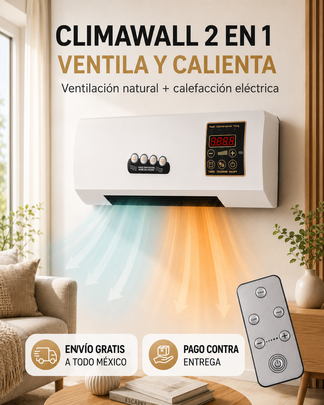 ClimaWall 2 en 1 – Ventilador y Calefactor Eléctrico de Pared con Control Remoto