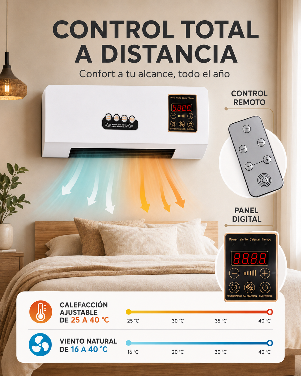 ClimaWall 2 en 1 – Ventilador y Calefactor Eléctrico de Pared con Control Remoto