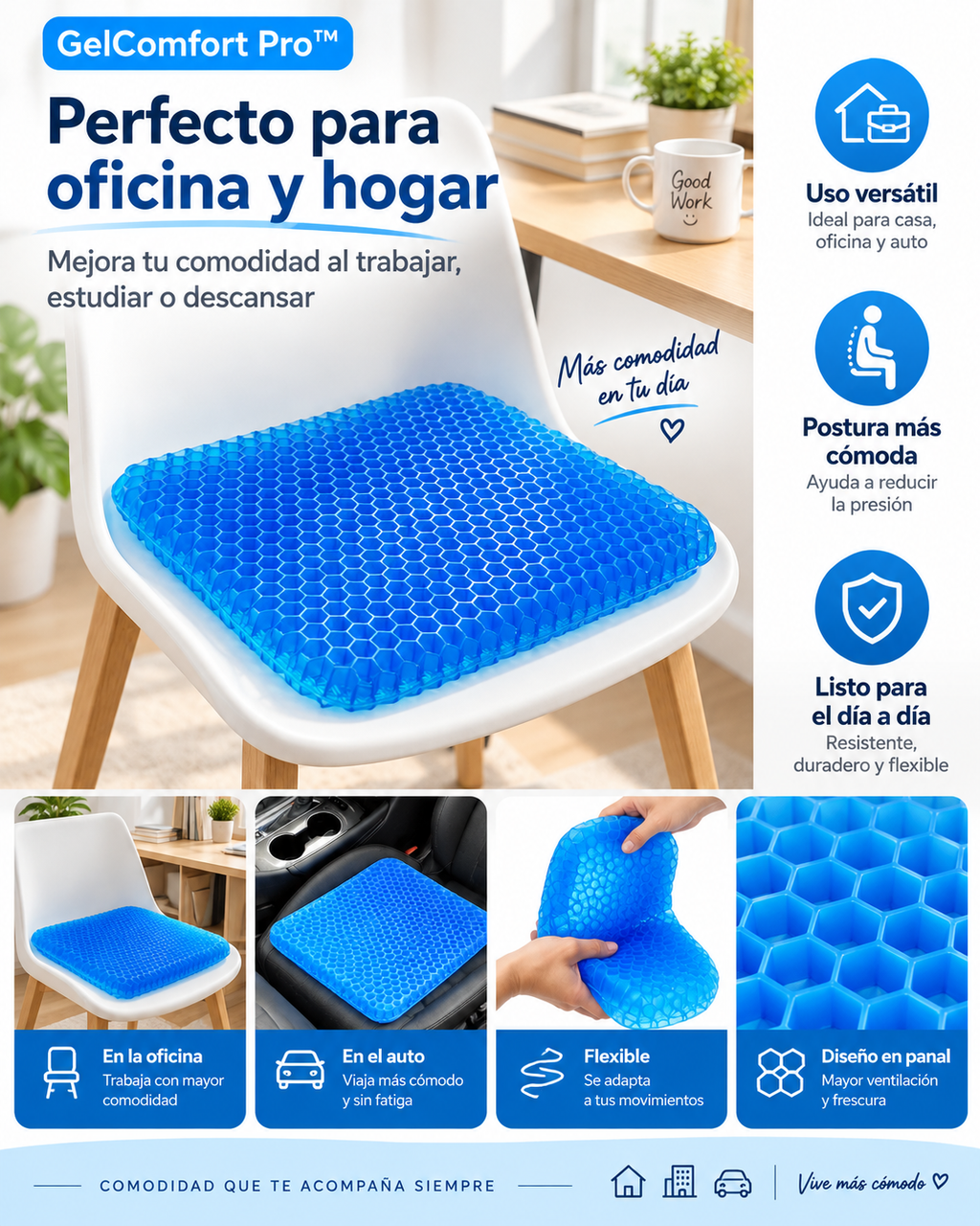 GelConfort PRO - Cojín Asiento de Gel Antideslizante