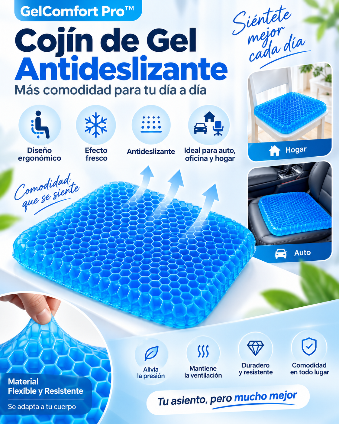 GelConfort PRO - Cojín Asiento de Gel Antideslizante