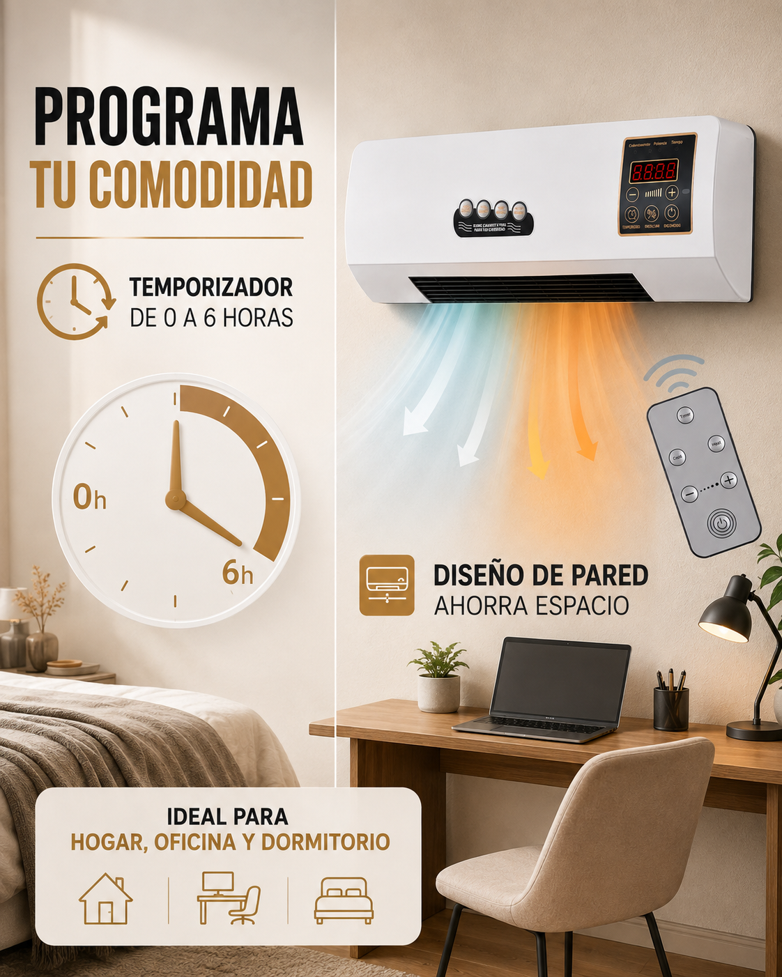 ClimaWall 2 en 1 – Ventilador y Calefactor Eléctrico de Pared con Control Remoto