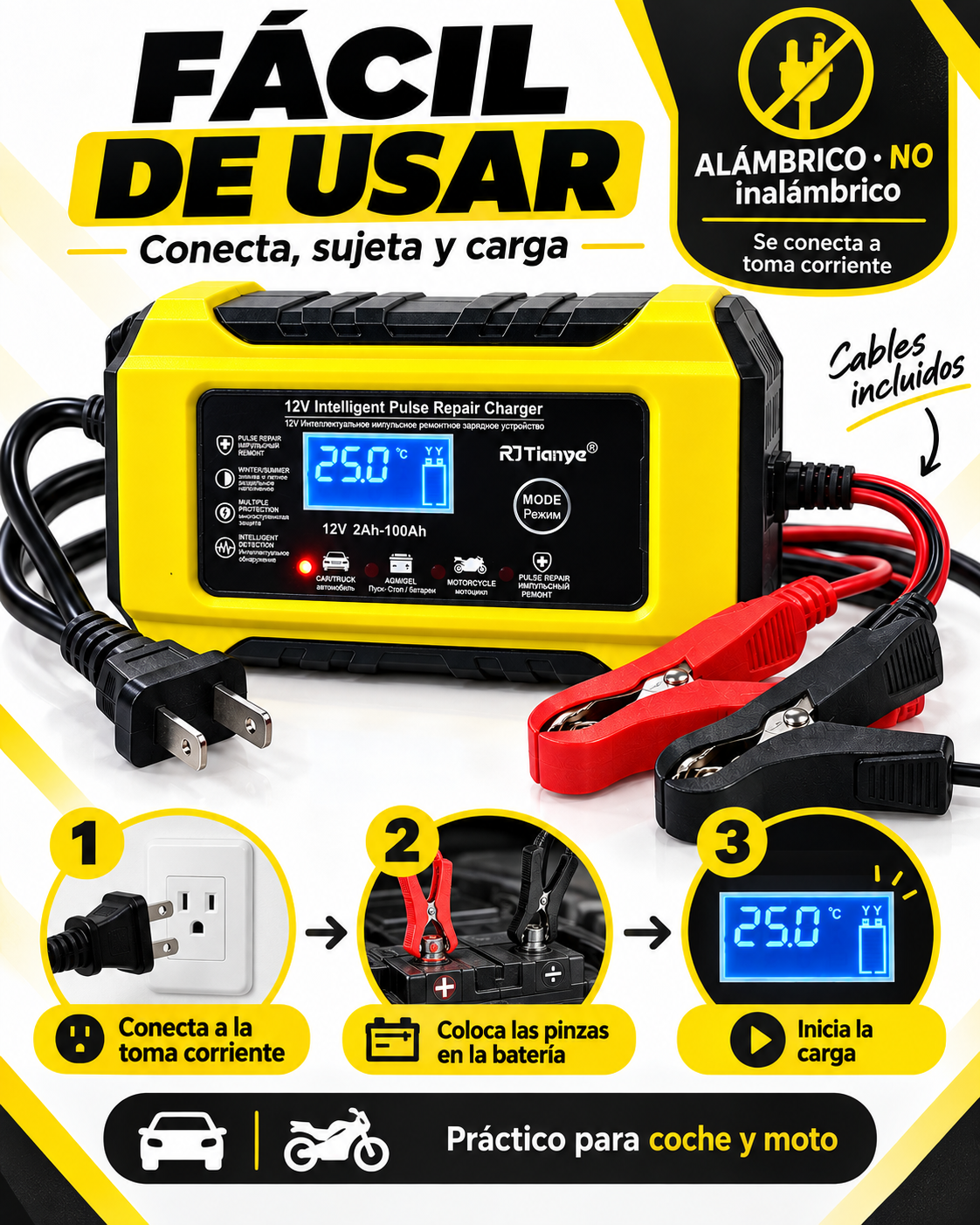 Cargador Inteligente 12V - Para Auto y Moto