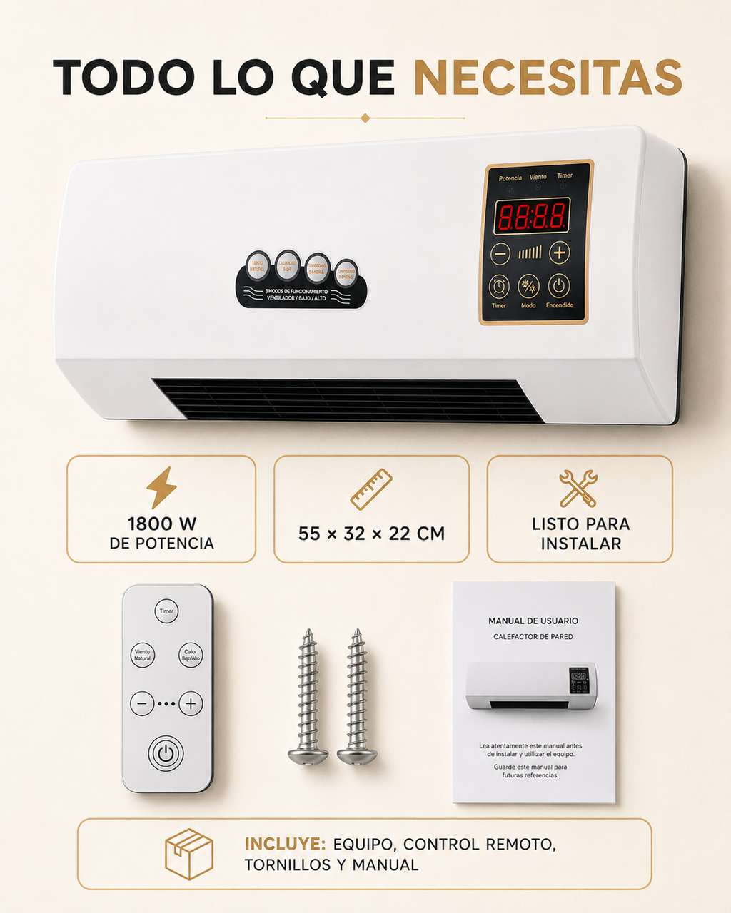 ClimaWall 2 en 1 – Ventilador y Calefactor Eléctrico de Pared con Control Remoto