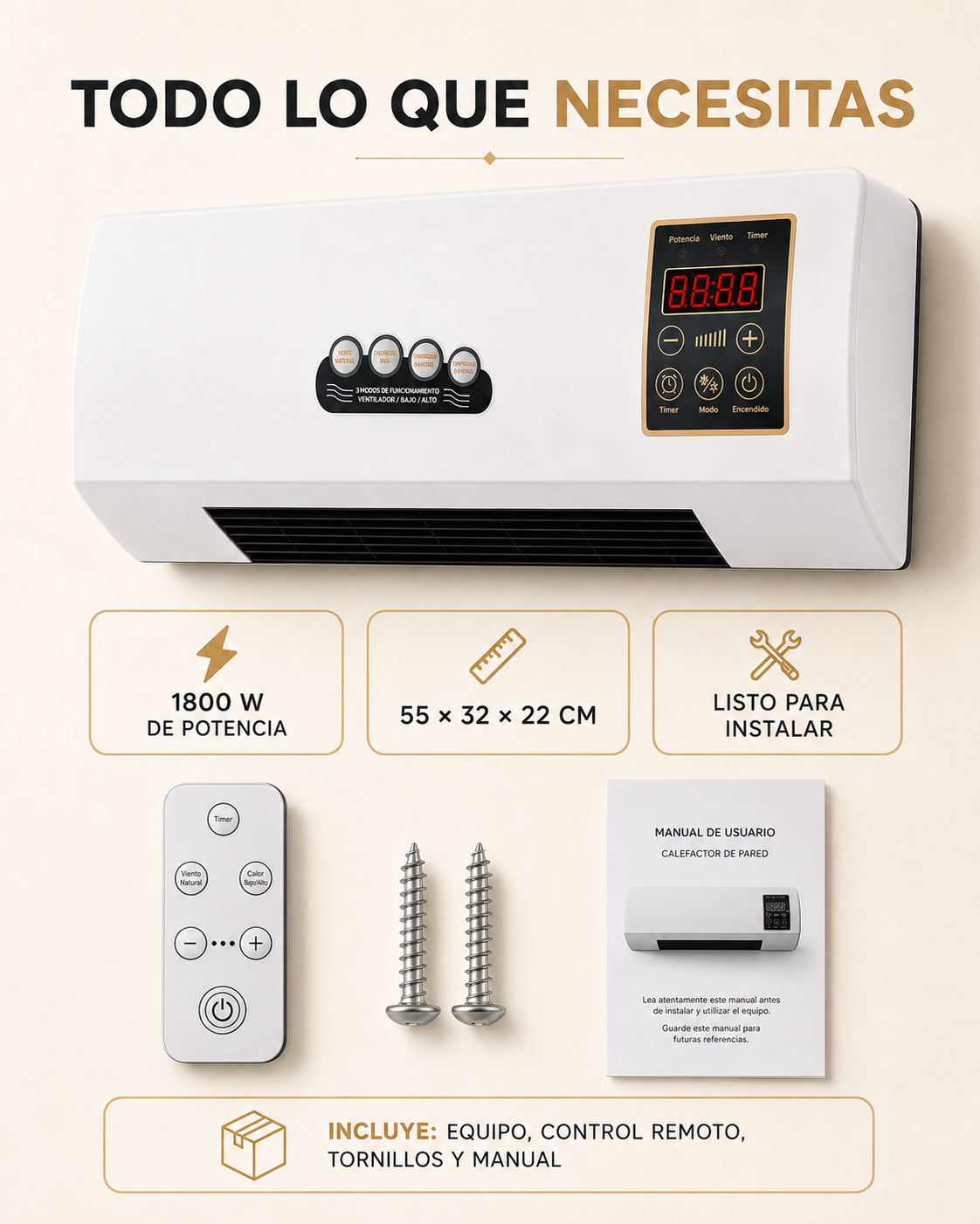 ClimaWall 2 en 1 – Ventilador y Calefactor Eléctrico de Pared con Control Remoto