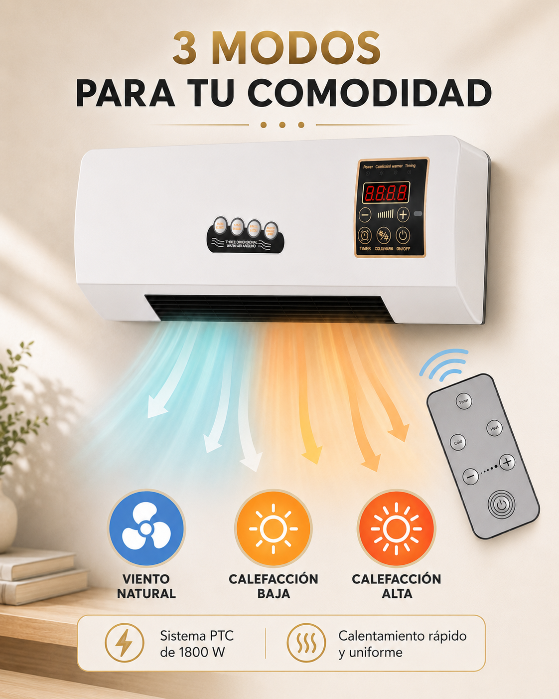 ClimaWall 2 en 1 – Ventilador y Calefactor Eléctrico de Pared con Control Remoto